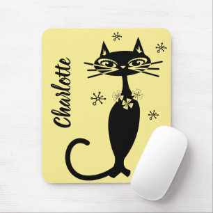 Alfombrilla De Ratón Gato negro de mediados de siglo en fondo dorado