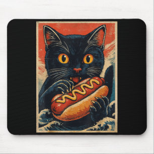 Alfombrilla De Ratón Gato negro divertido comiendo hot dog retro japoné