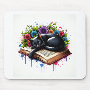 Alfombrilla De Ratón Gato negro durmiendo en un libro con flores