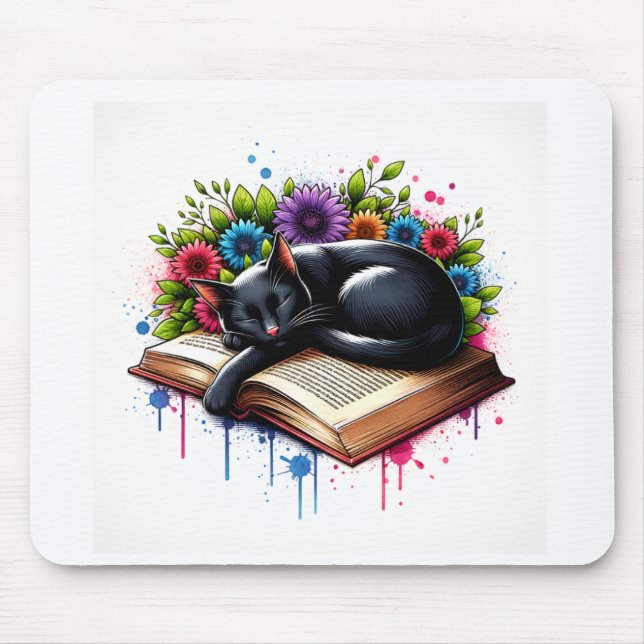 Alfombrilla De Ratón Gato negro durmiendo en un libro con flores (Frente)