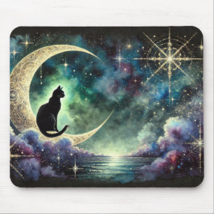 Alfombrilla De Ratón Gato negro en luna creciente con cielo nocturno es