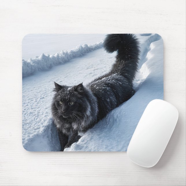 Alfombrilla De Ratón Gato Negro En Nieve Profunda (Con ratón)