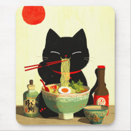 Alfombrilla De Ratón Gato negro feliz comiendo ramen | Ukiyo-e japonés