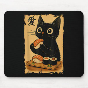 Alfombrilla De Ratón Gato negro Kawaii lindo comiendo sushi divertido j