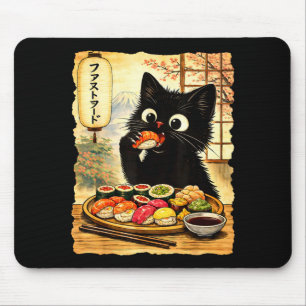 Alfombrilla De Ratón Gato negro lindo comiendo sushi kawaii comida japo