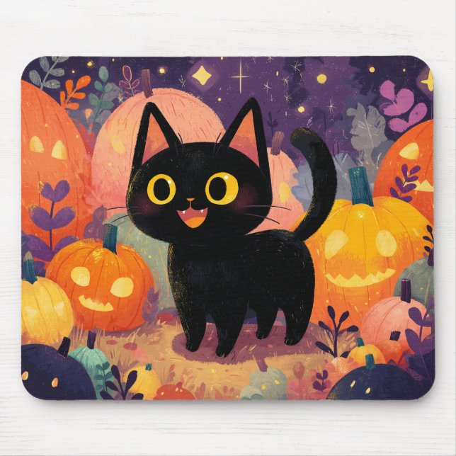 Alfombrilla De Ratón Gato negro lindo con linternas Jack-o’ - Mousepad (Frente)