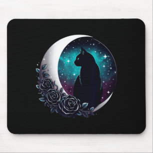 Alfombrilla De Ratón Gato negro místico con luna y rosas celestial