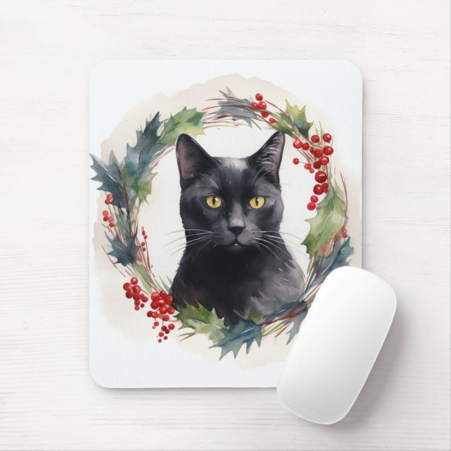 Alfombrilla De Ratón Gato negro Navidades de gatito comieron gatito fes (Con ratón)