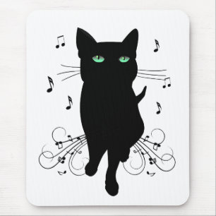 Alfombrilla De Ratón Gato negro rodeado de notas susurrantes de música