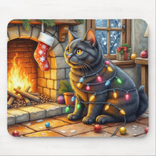 Alfombrilla De Ratón Gato Negro Sentado junto a Chimenea con Luces de N
