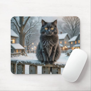Alfombrilla De Ratón Gato negro sobre una cerca nevada