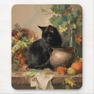Alfombrilla De Ratón Gato negro vintage en medio de frutas otoñales