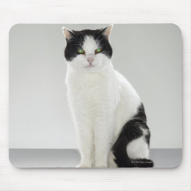 Alfombrilla De Ratón Gato negro y blanco con ojos verdes brillantes (Frente)