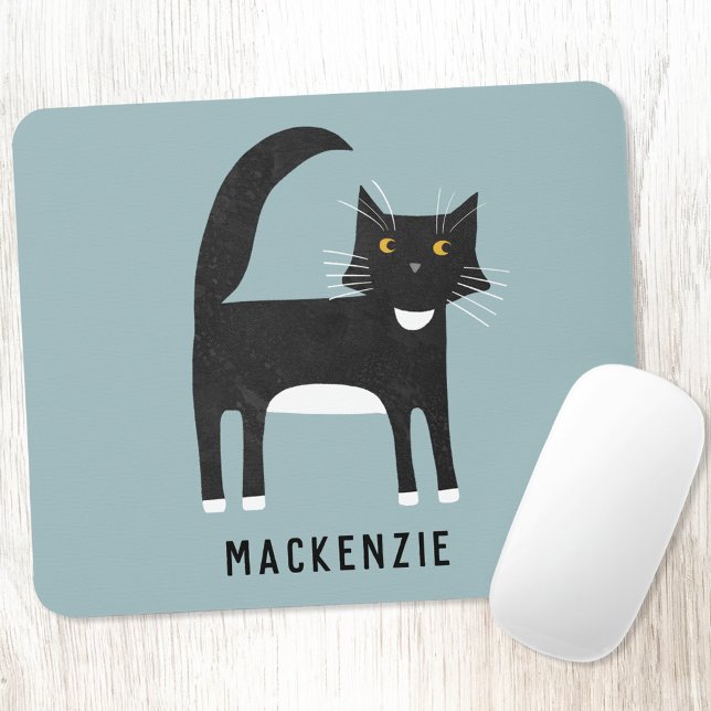 Alfombrilla De Ratón Gato negro y blanco personalizado (Black and white tuxedo cat personalized name mousemat)