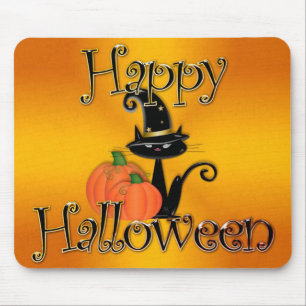 Alfombrilla De Ratón Gato negro y calabaza de Halloween