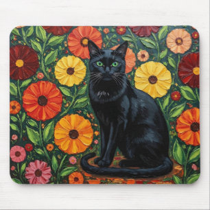 Alfombrilla De Ratón Gato Negro y Flores de Arte Popular Colorido