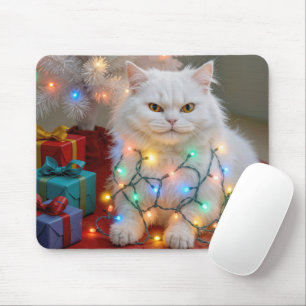 Alfombrilla De Ratón Gato Persa de Navidad enredado en luces navideñas