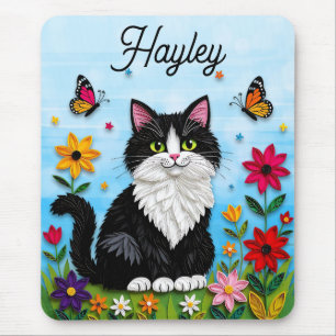 Alfombrilla De Ratón Gato personalizado, flores y mariposas  