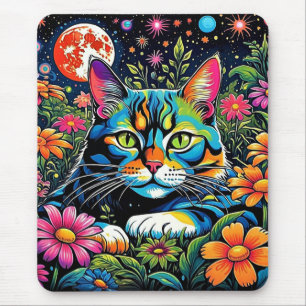 Alfombrilla De Ratón Gato psicodélico entre flores