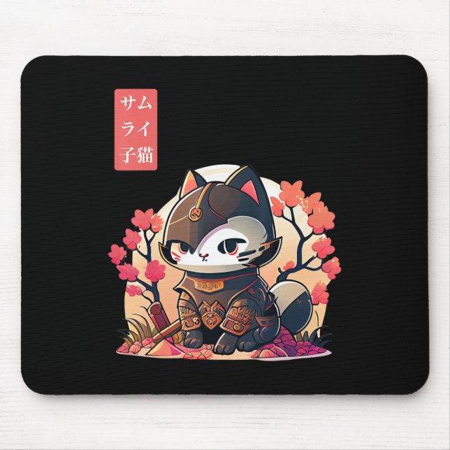 Alfombrilla De Ratón Gato retro kawaii samurai con árbol de flores de c (Frente)