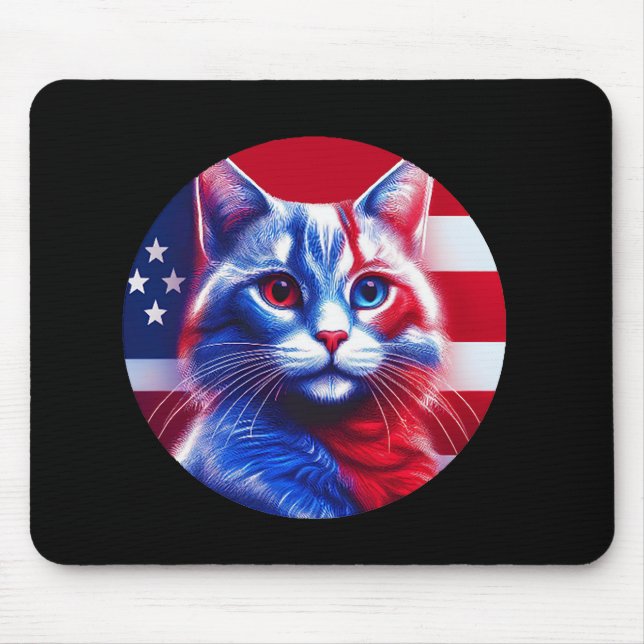 Alfombrilla De Ratón Gato Rojo Blanco y Azul con Fondo de Bandera Ameri (Frente)