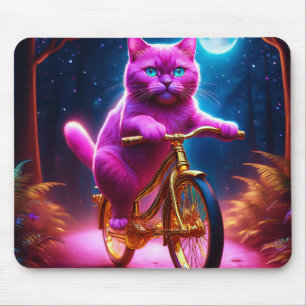 Alfombrilla De Ratón Gato Rosado Montando En Bicicleta Dorada