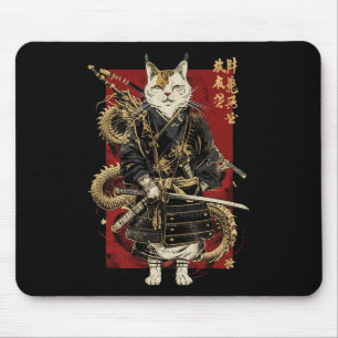 Alfombrilla De Ratón Gato samurai con kanji japonés dragón
