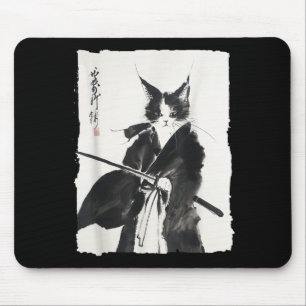 Alfombrilla De Ratón Gato Samurái Guerrero Tinta - Arte Japonés Felino