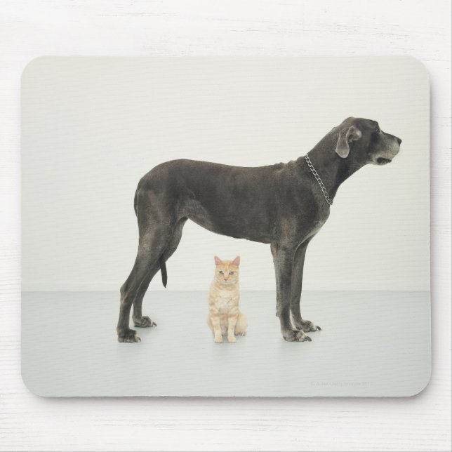 Alfombrilla De Ratón Gato sentado bajo el Gran Danés (Frente)
