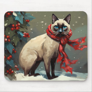 Alfombrilla De Ratón Gato siamés en Navidad con nieve