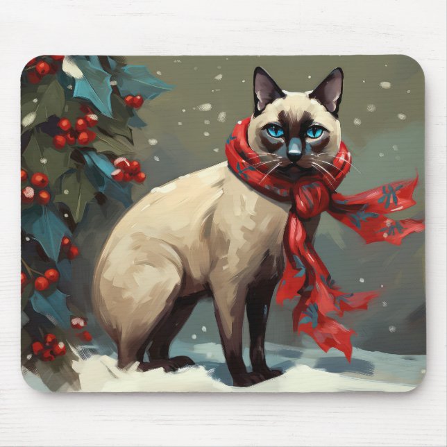 Alfombrilla De Ratón Gato siamés en Navidades de nieve (Frente)