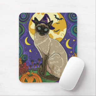 Alfombrilla De Ratón Gato siamés espeluznante, bruja de Halloween y cal