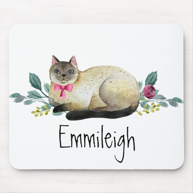 Alfombrilla De Ratón Gato siamés morado floral verde deja blanco (Frente)