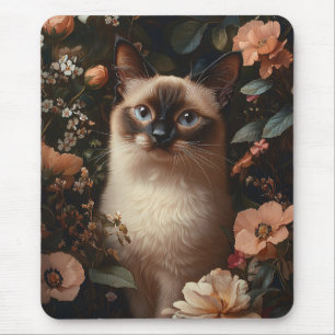 Alfombrilla De Ratón Gato Siamés Rodeado De Flores Rosa De Rubor