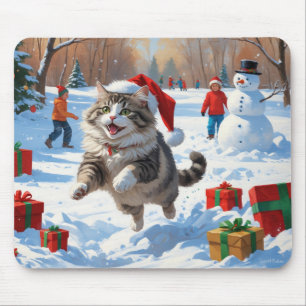 Alfombrilla De Ratón Gato Siberiano Corriendo en la Nieve con Sombrero 