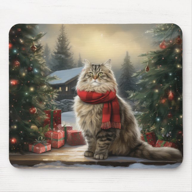 Alfombrilla De Ratón Gato siberiano en Navidades de nieve (Frente)