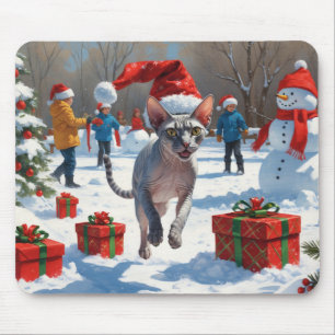 Alfombrilla De Ratón Gato Sphynx corriendo en la nieve con sombrero de 