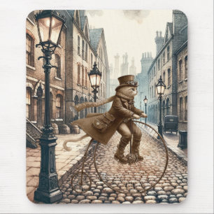Alfombrilla De Ratón Gato Steampunk montando una bicicleta de penique