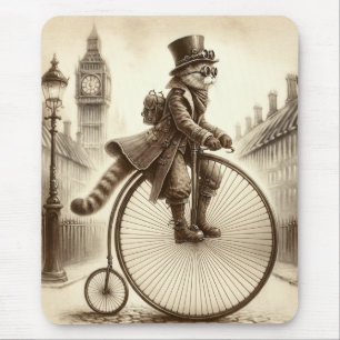 Alfombrilla De Ratón Gato Steampunk montando una bicicleta de penique