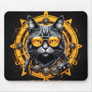 Alfombrilla De Ratón Gato steampunk negro con gafas naranjas
