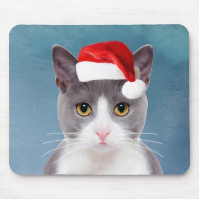 Alfombrilla De Ratón Gato usando retrato de Navidades de Santa Hat (Frente)