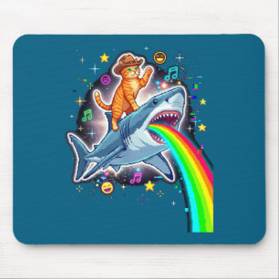 Alfombrilla De Ratón Gato Vaquero Espacial Montando Tiburón Arcoíris Xe