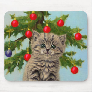 Alfombrilla De Ratón Gato vintage y árbol de Navidad