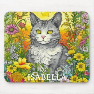 Alfombrilla De Ratón Gato y flores caprichosas personalizadas
