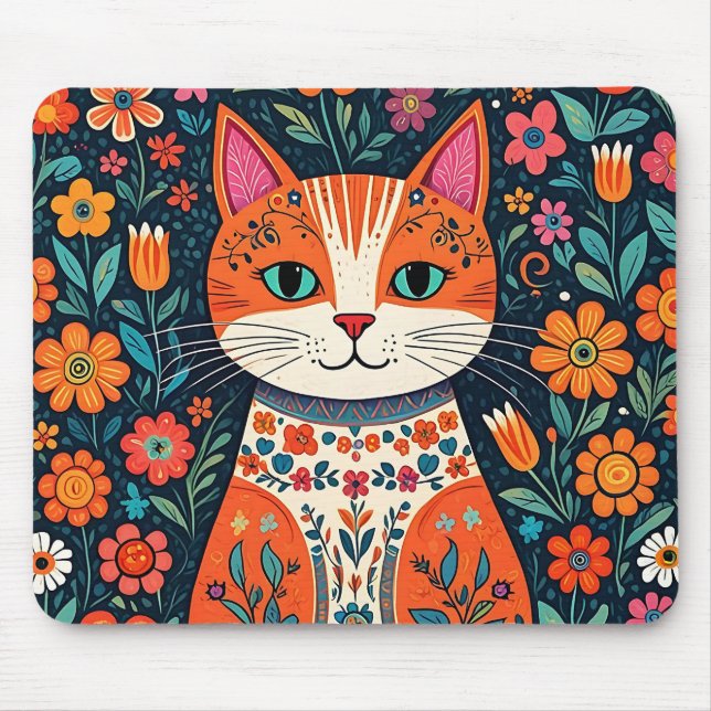 Alfombrilla De Ratón Gato y flores de arte folclórico caprichosos (Frente)