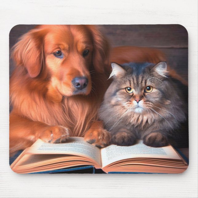 Alfombrilla De Ratón Gato y perro leyendo un libro (Frente)