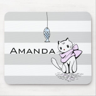 Alfombrilla De Ratón Gato y pez blanco tentado