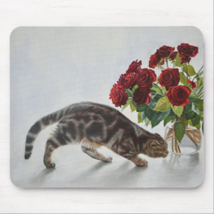 Alfombrilla De Ratón Gato y Rosas Rojas – Impresión de Pintura al Óleo