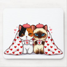 Gatos bajo mantas con corazones