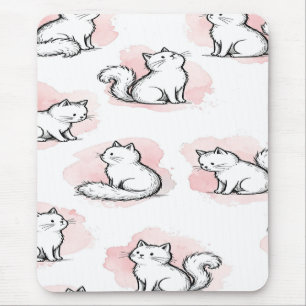 Alfombrilla De Ratón Gatos Blancos Lindos Patrón de Acuarela Rosa Gato